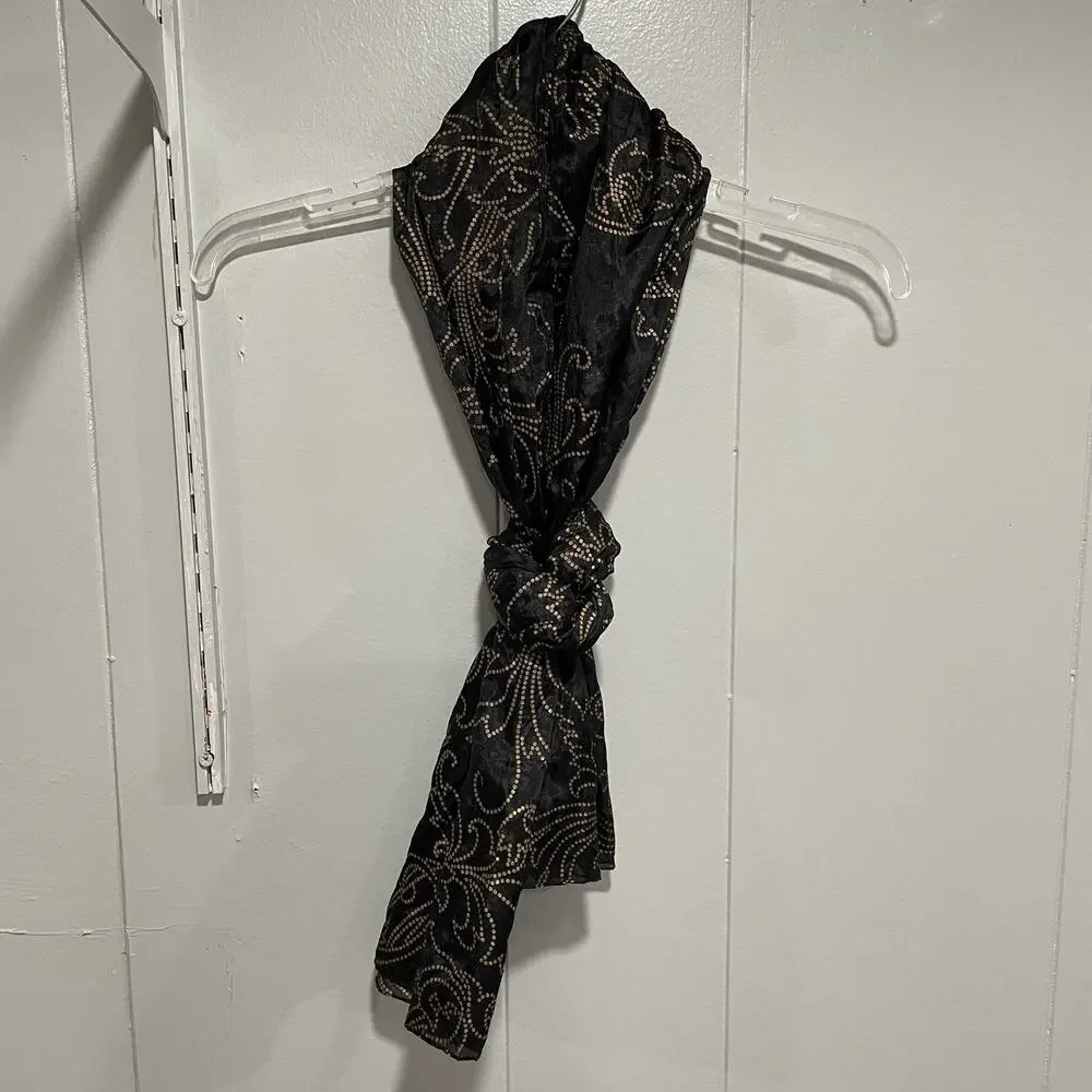 Vintage Vivante VSA Sheer Dot Scroll Silk Scarf Black Gold Metallic Old Money
